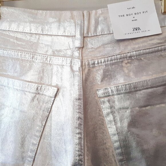 NWT Zara silver foil relaxed fit straight leg mid waist jeans, 4 - Picture 13 of 13